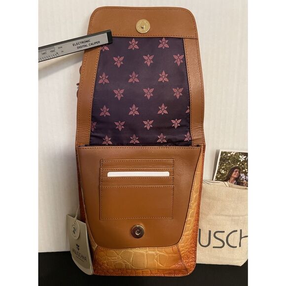 ANUSCHKA Croc Embossed Camel Genuine Leather Flap Crossbody Shoulder Bag Purse - Picture 6 of 10